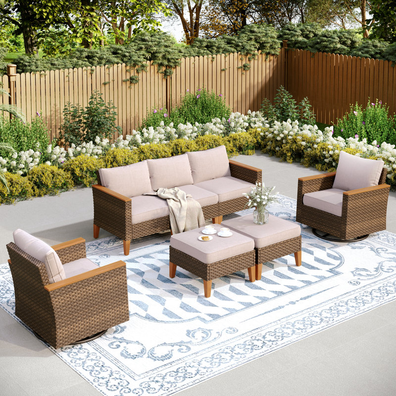 Argyri Outdoor Wicker Patio Conversation Furniture Set With Swivel Chairs And Firepit Table, No