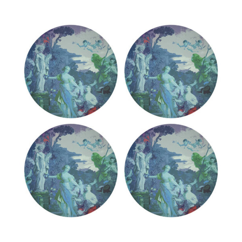Cyprus Picnic Vegan Leather Round Coasters, Cyan