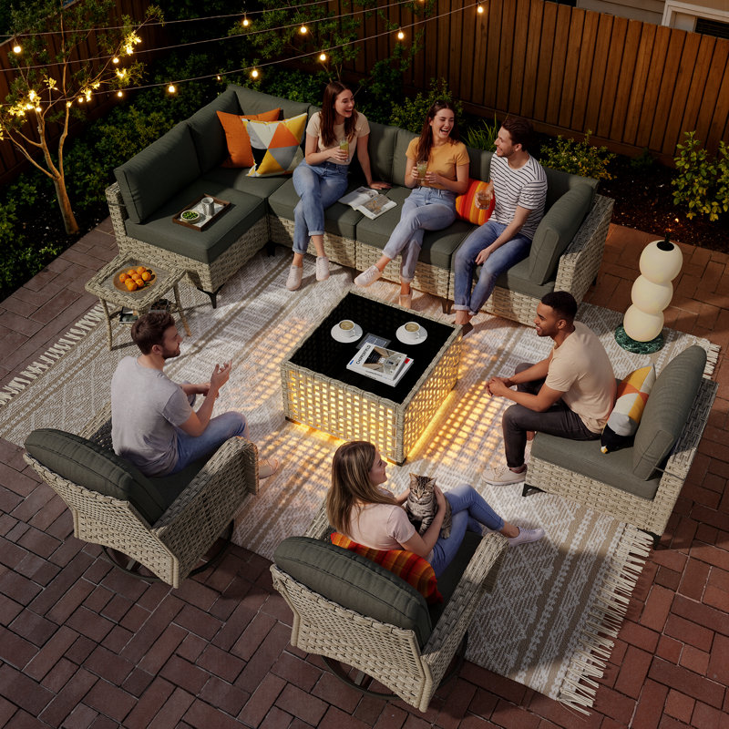 10-piece outdoor wicker patio furniture set with fire pit table, swivel chair and colorful cushions, Black, No