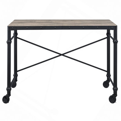 Desk,Rustic Oak And Black Writing Desk With Wheels