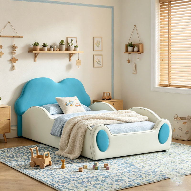 Mignon lit pour enfants en cuir de polyuréthane avec garde-corps et lit de sécurité pour tout-petits, Beige,Blue