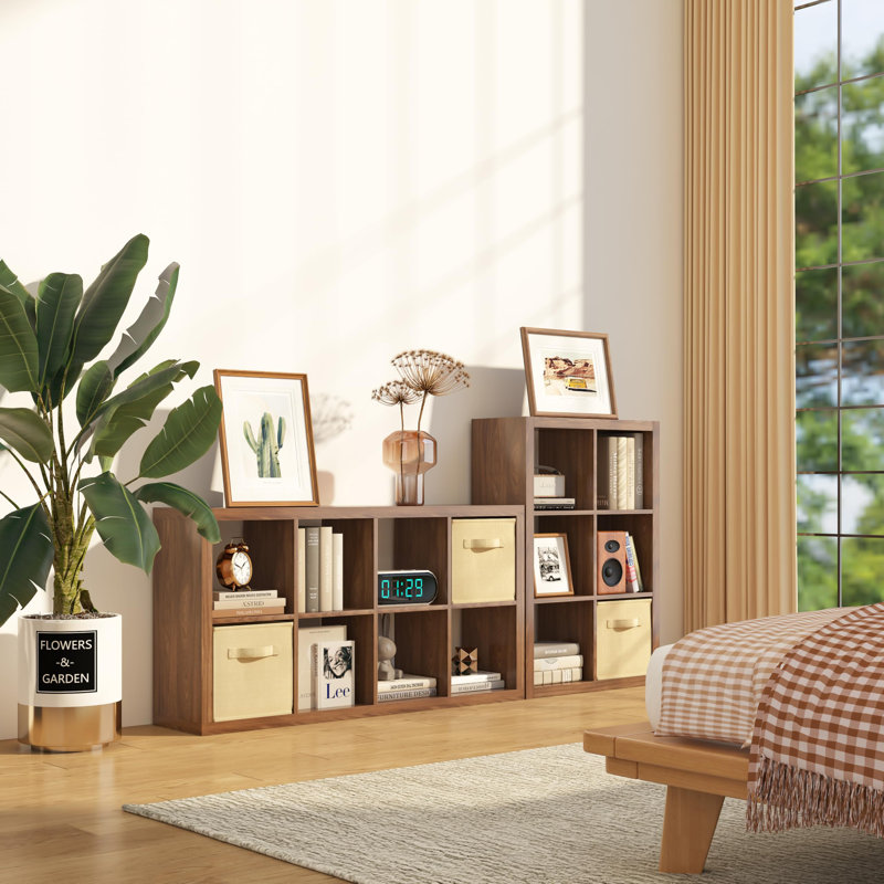 Classic Oak 9-Cube Wooden Storage Organizer with Bins
