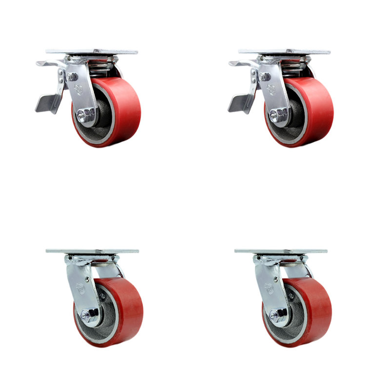 4 Inch Poly on Cast Iron Caster Set with Ball Bearing 2 Total Lock Brake SCC
