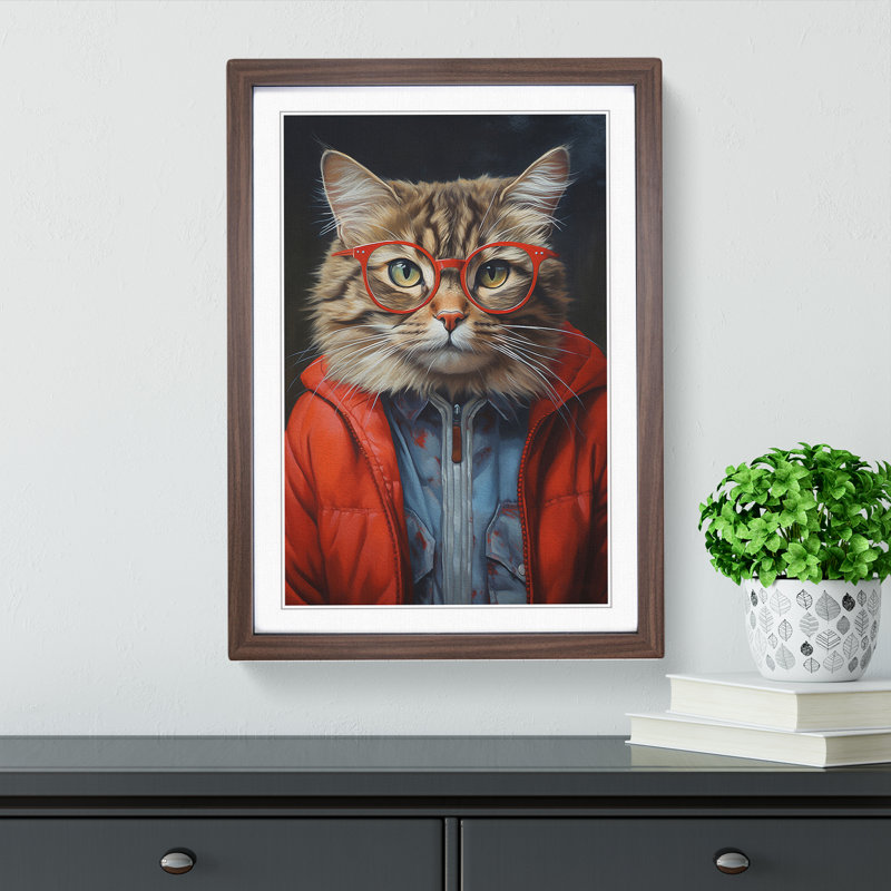 Cat With Glasses No.3 - Single Picture Frame Print on Wood, 46cm H x 34cm W x 2cm D, Walnut