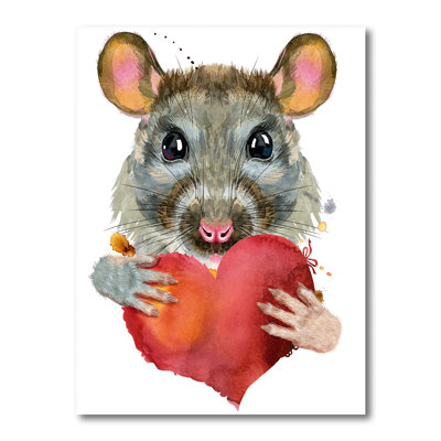 Portrait de rat avec cœur rouge - reproduction sur toile