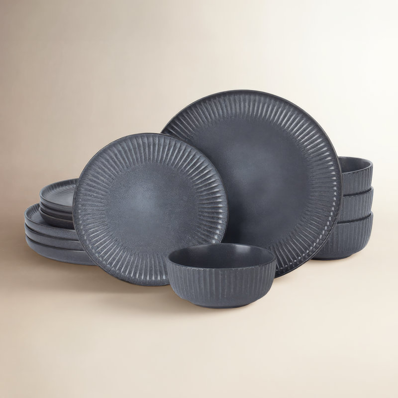 Ensembles de vaisselle et bols 12 pièces Famiware Starlight, blanc mat, Gris mat noir