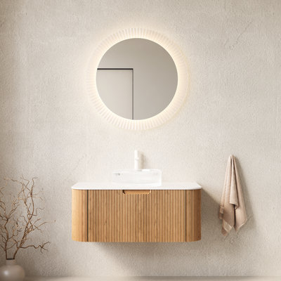 Meuble-lavabo de salle de bain 36 po avec lavabo en cristal transparent de couleur naturelle, lavabo rond à fermeture en douceur, tiroir, système, grand espace de rangement