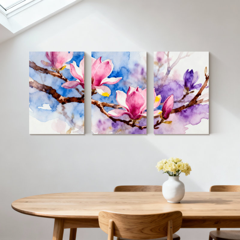 «Magnolia Watercolor Magnolia Blossoms On Branches», ensemble de 3 impressions sur toile, H 30 po x l 60 po