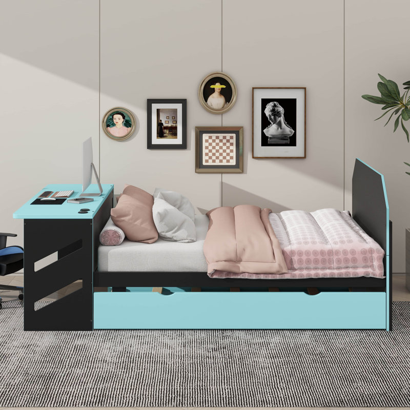 Lit de jour en bois double - Lit gigogne simple, bureau et ports de chargement USB inclus, Bleu nuage