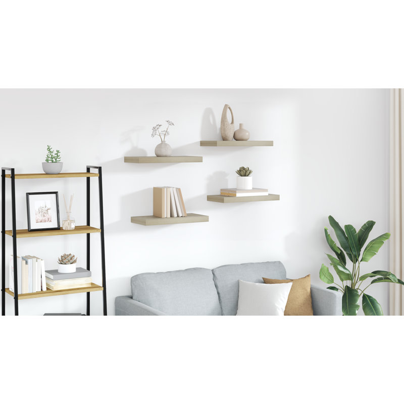 Wall Shelf  Wall Mounted Display Shelf for Photo Frame Set of 4, 1.5" H x 19.7" W x 9.1" D, Oak, 4