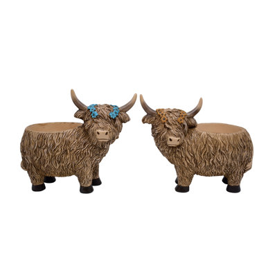 Resin Highland Cow Planter, Planter Pots, Brown, Resin, Set of 2, Spring, Garden