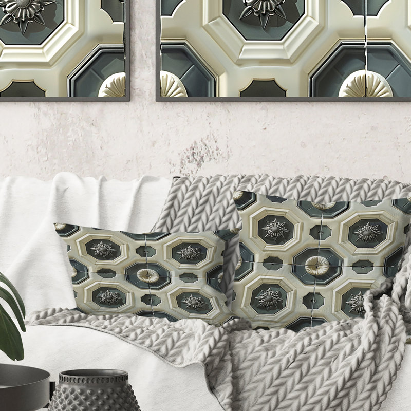 Motif octogonal gris et beige - Coussin décoratif moderne, H 18 po x l 18 po