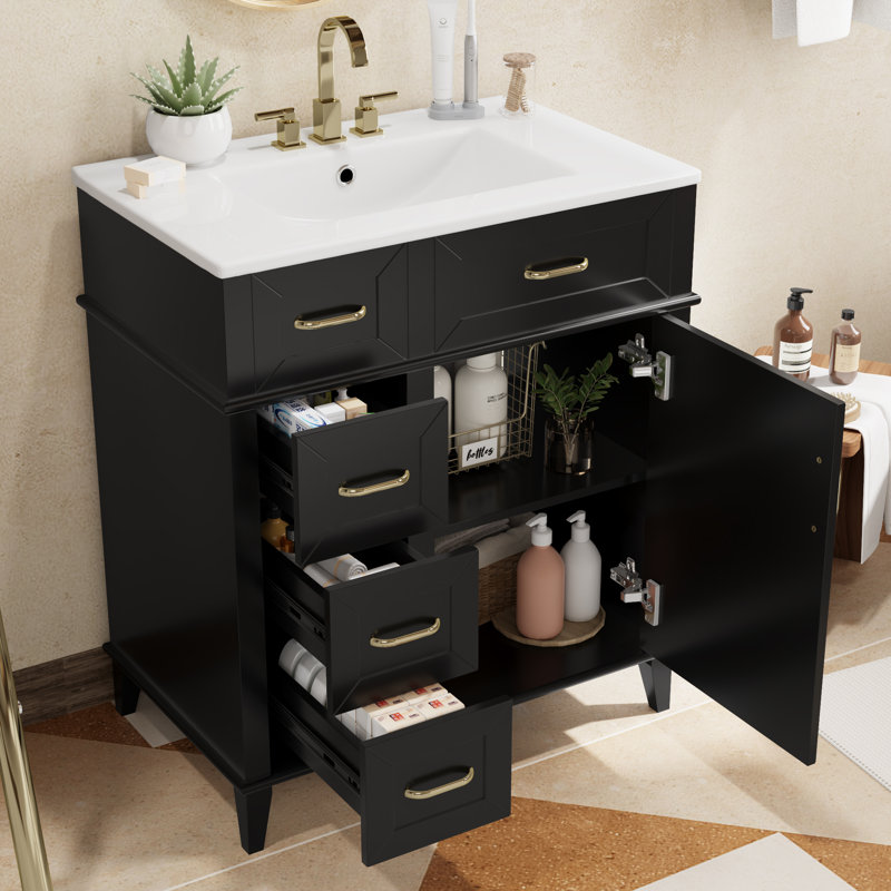 Meuble-lavabo simple 30 po avec comptoir en céramique, Noir, noir, noir, noir