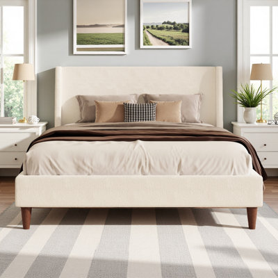 Wingback Upholstered Bed with Walnut Legs