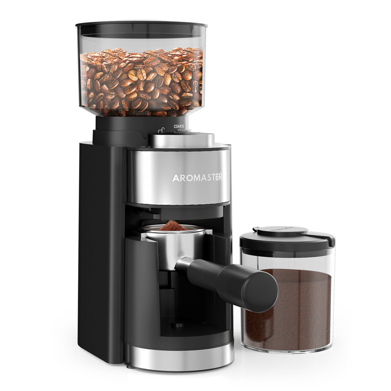 Aromaster Burr Coffee Grinder with 25 Grind Setting, Adjustable 2-12 Cups Timer, 3-Ears Portafilter Holder, Anti-static, Cleaning Brush, Black