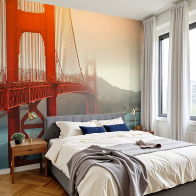 Peel and Stick Wallpaper 96" W x 69" H Modern Self Adhesive Wall Mural for Bedroom Golden Gate Bridge San Francisco foggy day