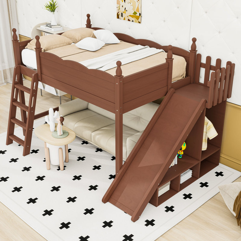 Lit mezzanine avec tablettes de rangement et garde-robe, Naturel foncé, Lit double