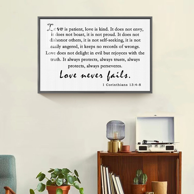 «Love is patient», art textuel sur toile, Cadre noir, H 16 po x l 24 po x P 1,3 po