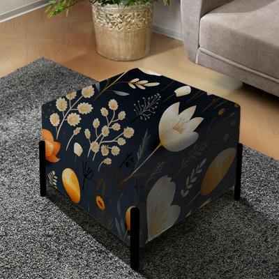 Woodland Autumn - fleurs de chalet orange et bleues - repose-pieds carré floral