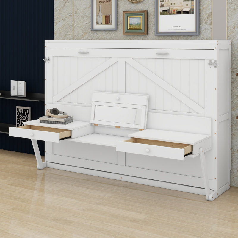 Lit escamotable mural avec rangement, armoire-lit pliable avec bureau, miroir central et tiroirs latéraux, blanc