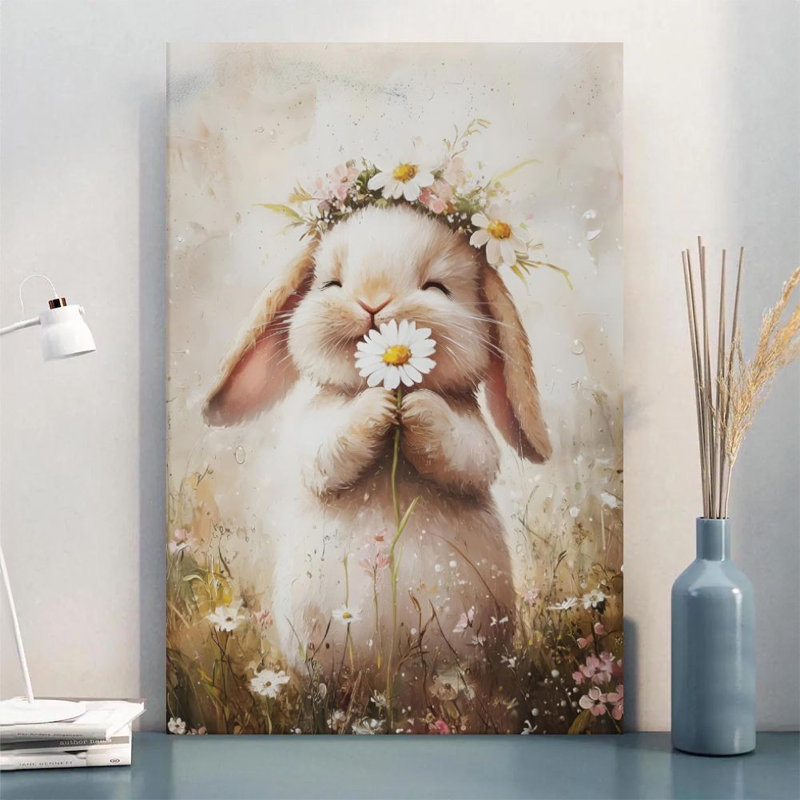 Lapin dans une couronne de marguerites - Impression d'art mural animalier sur toile tendue sur châssis, 91,4 cm (H) x 61 cm (L), prête à être accrochée pour une chambre d'enfant, une chambre à coucher ou un salon