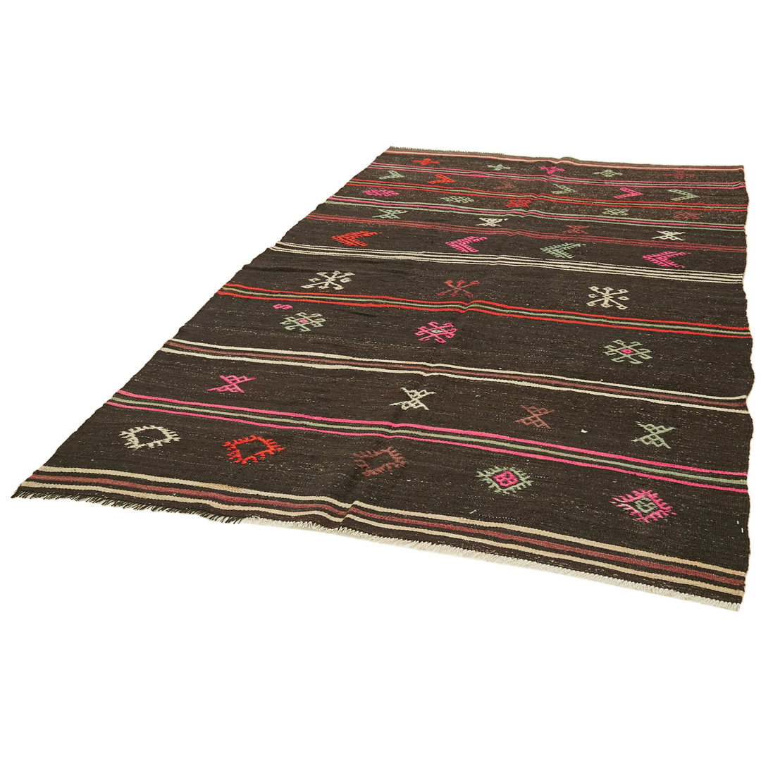 Striped Kilim Brown Striped Wool Handmade Area Rug