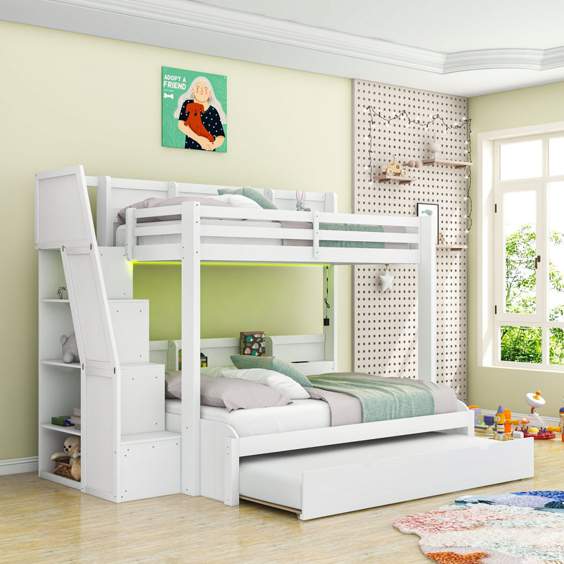 Lit simple superposé au dessus d'un lit double avec escalier de rangement, lit gigogne simple, DEL, USB et tablettes, Blanc