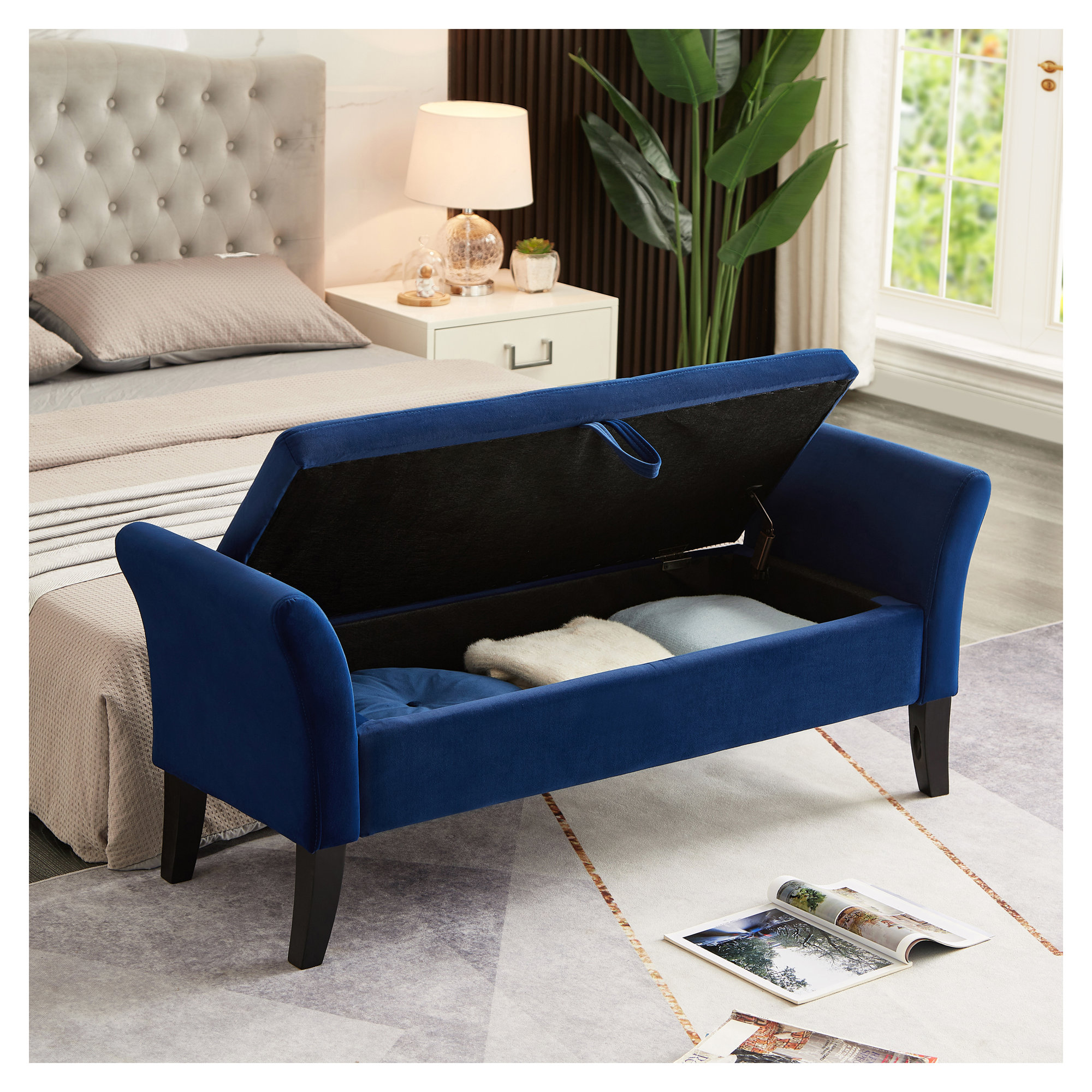 51.5'' Navy Blue Velvet Bed Bench with Storage - Tufted Bedroom End of Bed Ottoman with Curved Arms & Solid Wood Legs
