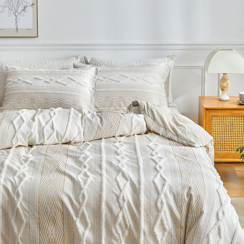  3-Piece Microfiber Tufted Chenille Duvet Cover Set, Beige, King Duvet Cover + 2 Standard Pillowcases