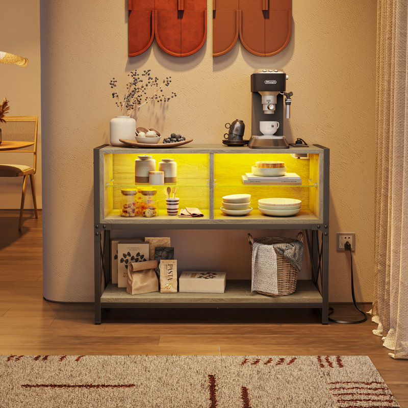 Console de bar Powe avec prise et prise USB, console de 40 po avec tablette, Chêne gris rétro