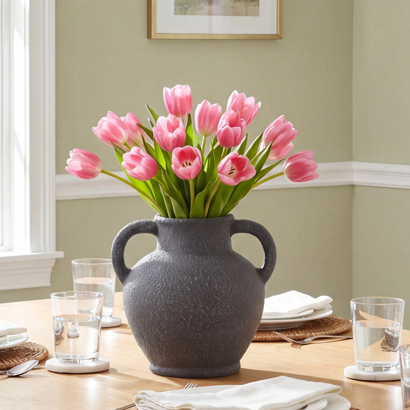 Calila Handmade Watertight Ceramic Table Vase with Textured Whitewashed Finish and Handles