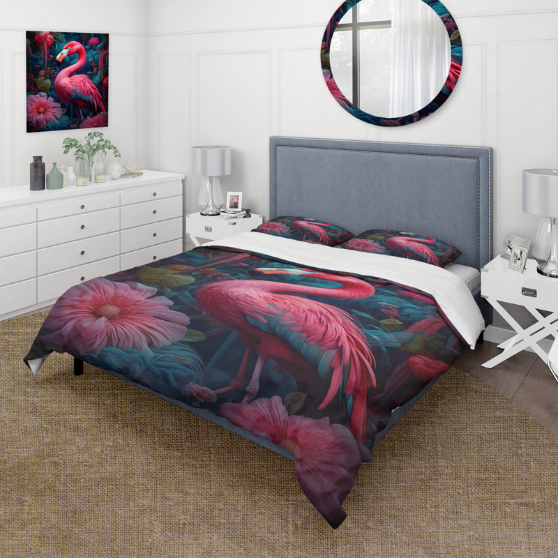 Ensemble de housse de couette Tropical Flamingo Grace III - Flamingo, Housse de couette pour grand lit + 2 taies décora