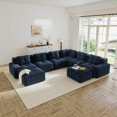 Canapé modulaire modulaire pour le salon, canapé d'angle 6 places avec repose-pieds mobile, tissu en velours côtelé, sans assemblage, conception antidérapante, bleu