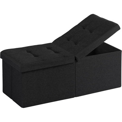 Banc de rangement avec repose-pieds noir avec couvercle à deux compartiments, siège rembourré d'aspect lin pour la chambre à coucher, le salon et le vestibule