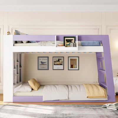 Twin Over Twin Xl Bunk Bed With Storage Shelves & Guardrail Storage Basket