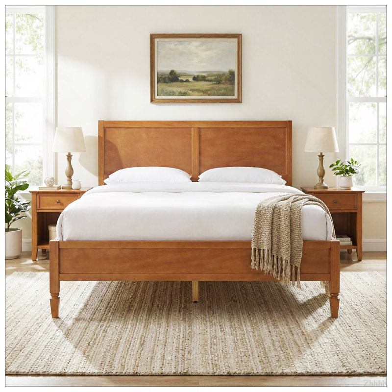 Structure de lit plateforme grand lit en bois avec tête de lit à panneau classique, support de lattes en bois, aucun sommier requis, assemblage facile, brun