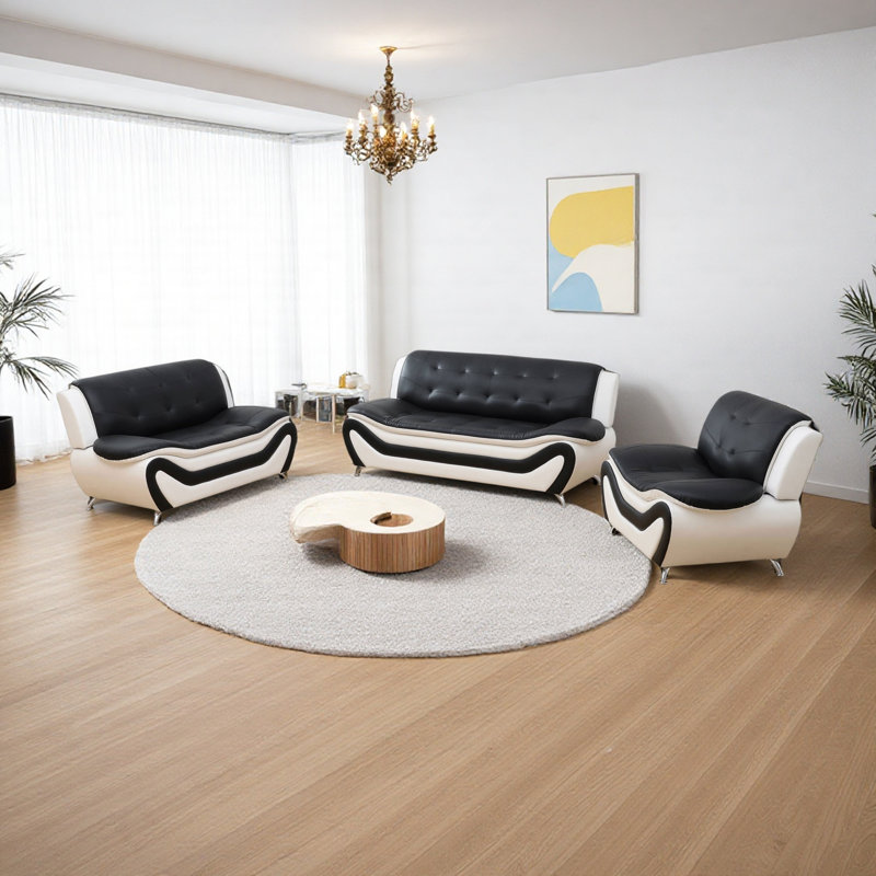 Ensemble de 3 meubles de salon en cuir respirant, Blanc/Noir