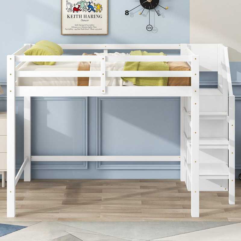 Full Size Loft Bed with Storage Wardrobe, Clothes Rack, and Staircase Shelves, Solid Pine Wood Frame, White