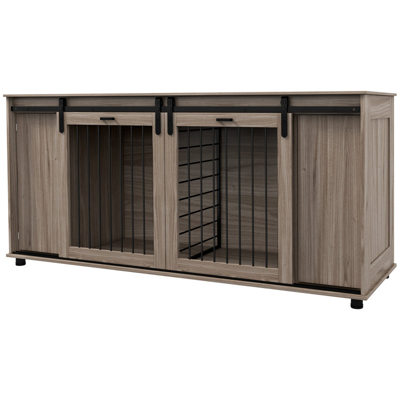 Meuble de 71 po avec table de bout en noyer 71 po avec cloison amovible pour 2 petits chiens / 1 grand chien, caisse avec tablettes de rangement et différentes tailles