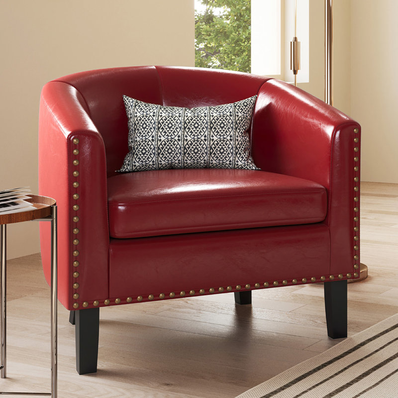 Fauteuil demi-tonneau Cohmer de 28,74 po de large, fauteuil club en similicuir rembourré avec garniture cloutée dorée Cohmer