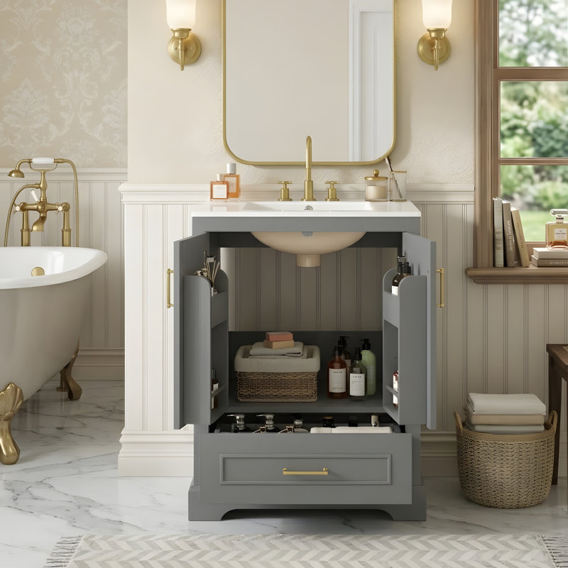Meuble-lavabo moderne avec lavabo en céramique, Gris, 24"