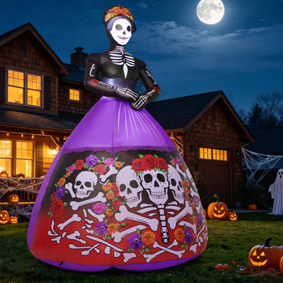  9 FT Lighted Halloween Inflatable Ghost Bride in Purple-Black-Red Dress with Skull Print