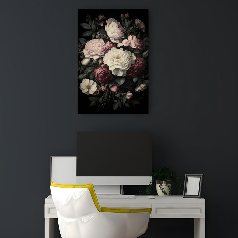 Moody Floral Bouquet Classic Elegant Romantic Peony Rose Flower Landscape Wall Art Print 1 Piece Wrapped Canvas Wall Art