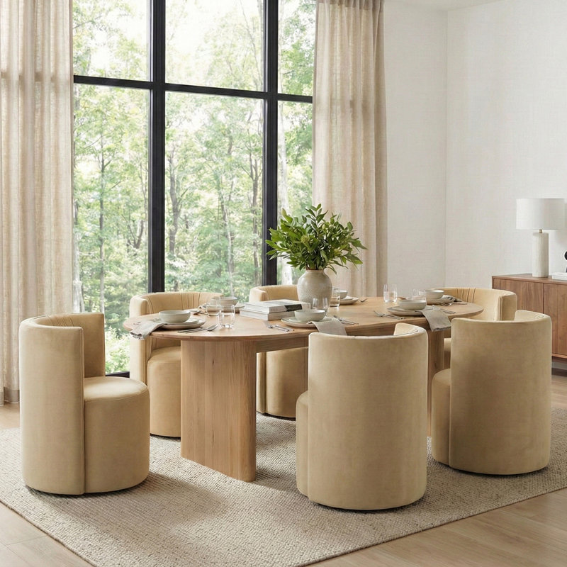 Velvet Upholstered Rolling Dining Chairs with Casters, Honey Beige