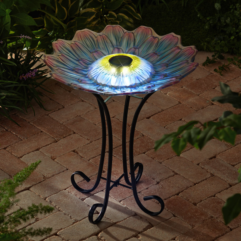 Solar Blue and Purple Glass Flower Bird Bath with Metal Stand