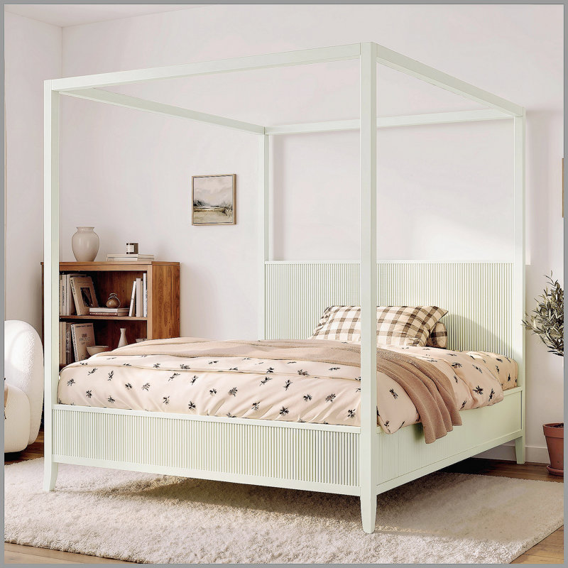 Grand lit plateforme à baldaquin en bois avec lattes de soutien, beige, Grand lit, Beige