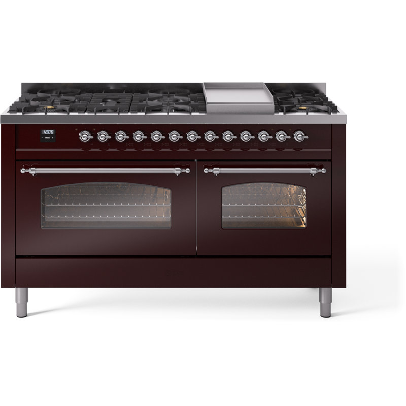 ILVE Nostalgie II 60 Dual Fuel Range, 9 Burners, Griddle, Stainless Steel/Chrome, Liquid Propane