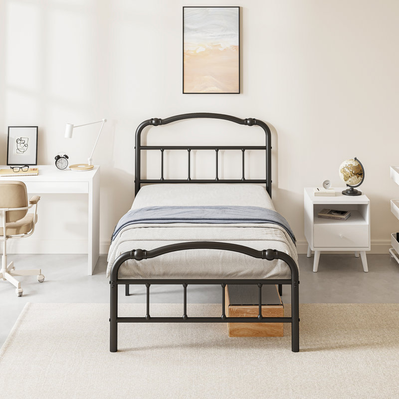 Oley Double Wave Headboard and Footboard Heavy Duty Anti-sway 18in High Steel Tube Iron Bed with Storage, Twin