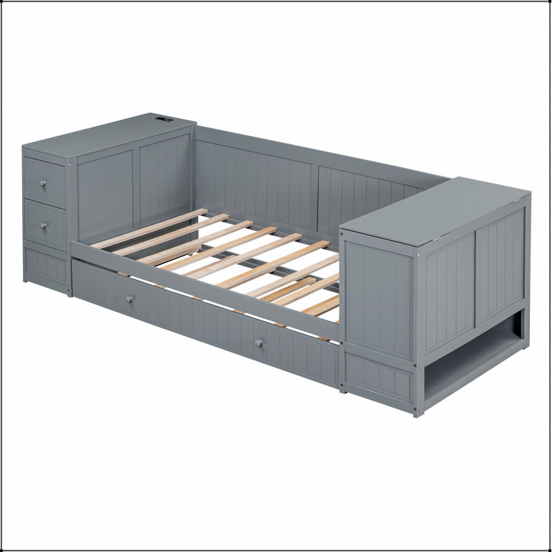 Lit de jour avec accoudoirs de rangement, lit gigogne et station de charge, gris