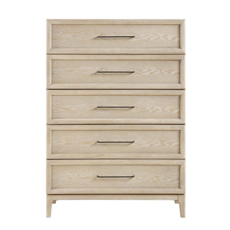 Commode de rangement contemporaine en bois avec 5 tiroirs, fabrication en queue d'aronde et glissières à roulement à billes pour les chambres modernes